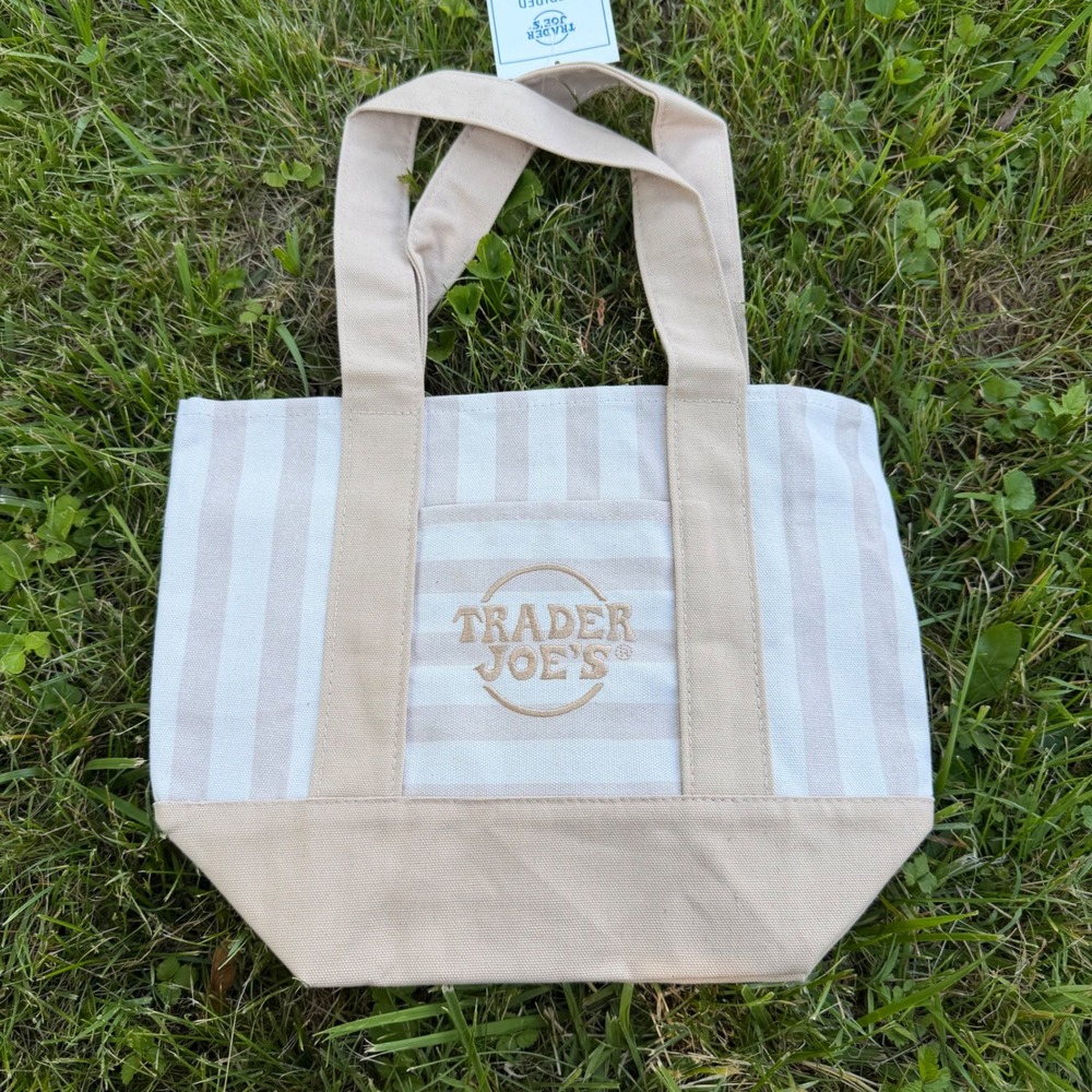 Trader‎ Joe's Mini Canvas Tote Bag Toasted Almond Beige White Striped Limited Ed